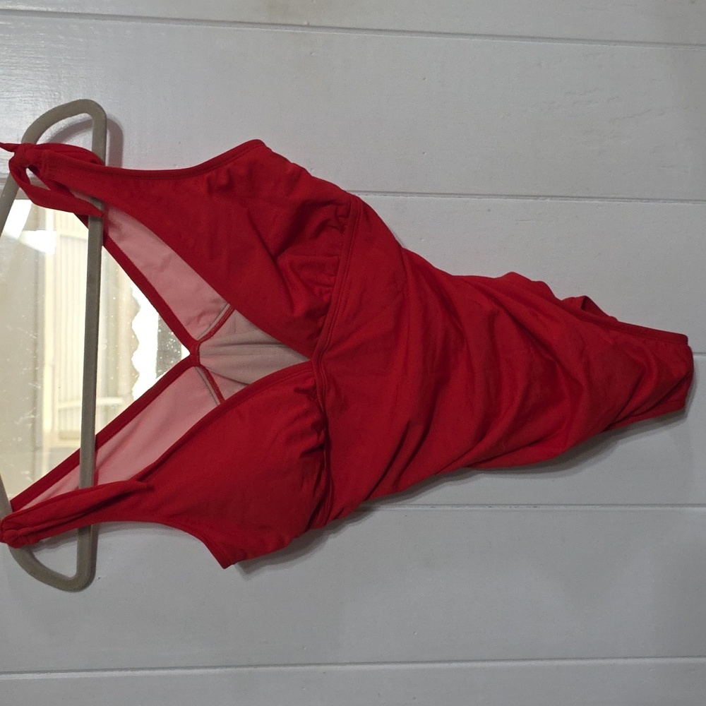 Kona Sol Women's One Piece Swimsuit Red Ties‎ At Shoulders Bra Sz L EUC